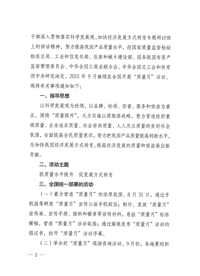 國(guó)家質(zhì)量監(jiān)督檢驗(yàn)檢疫總局、工業(yè)和信息化部、住房和城鄉(xiāng)建設(shè)部、國(guó)務(wù)院國(guó)有資產(chǎn)監(jiān)督管理委員會(huì)、中華全國(guó)工商業(yè)聯(lián)合會(huì)、中華全國(guó)總工會(huì)、共青團(tuán)中央《關(guān)于開展2010年全國(guó)“質(zhì)量月”活動(dòng)的通知》
